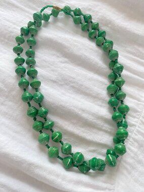 Handcrafted Green Paper Bead Necklace With Brass Clasp - 16"